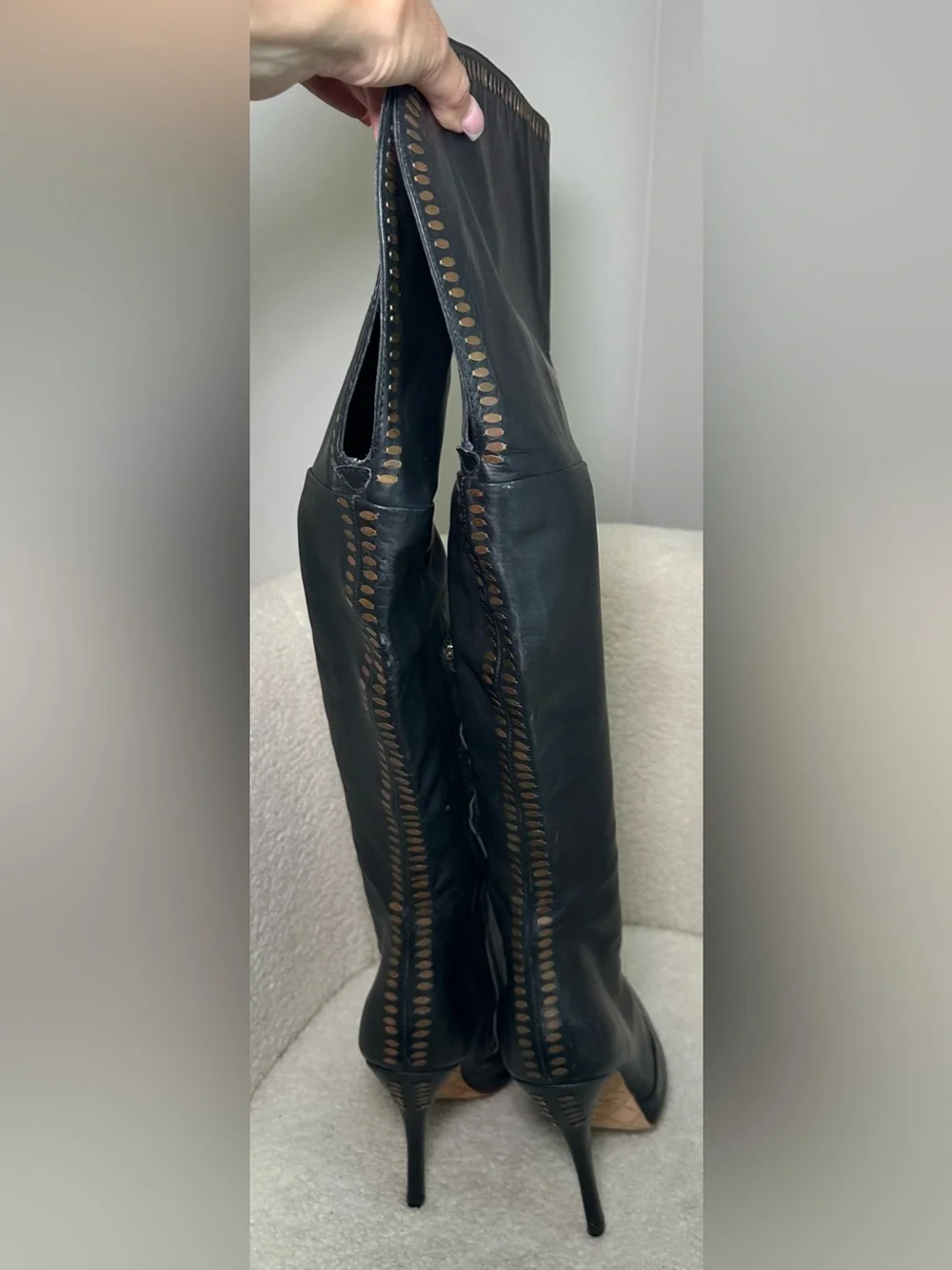 L.A.M.B. Black Leather Over-the-Knee Stiletto Boots Sexy Party Rich Luxury 8.5